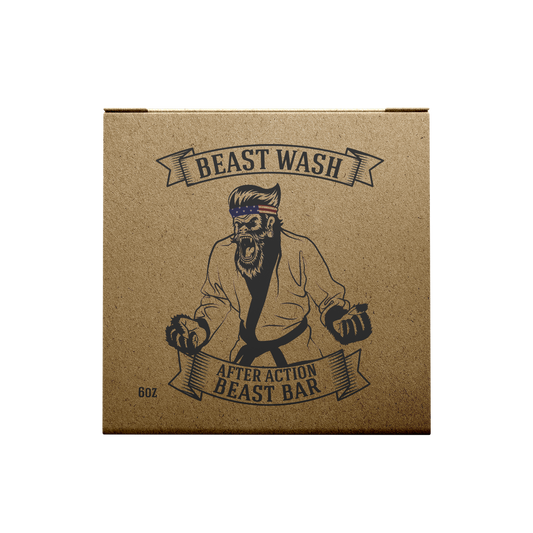 Kraft cardboard soap box labeled Beast Wash After Action Beast Bar, 6 oz