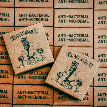 Two kraft Beast Wash After Action Beast Bar soap boxes with 6 oz marking