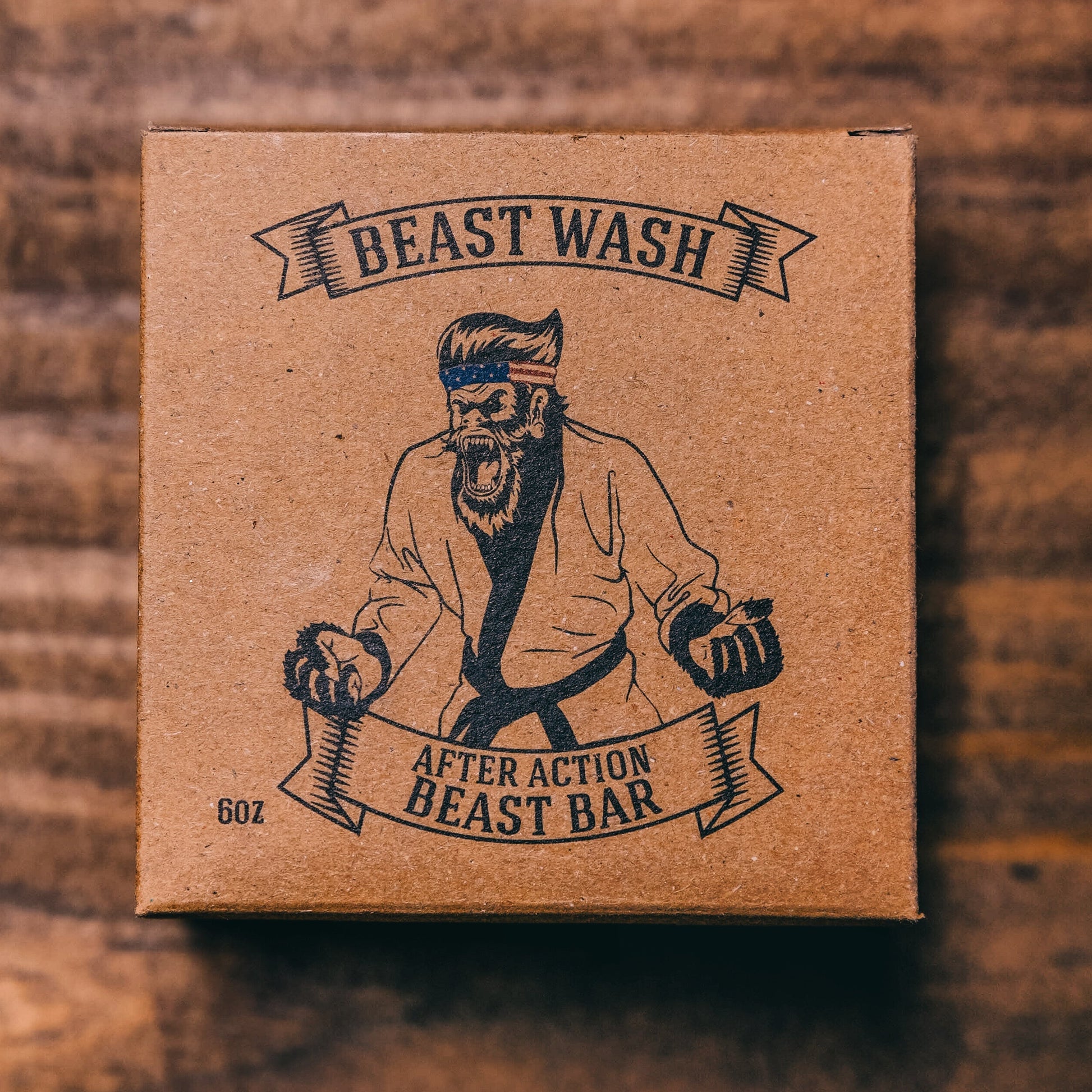 Kraft soap bar box with Beast Wash banner and After Action Beast Bar graphic