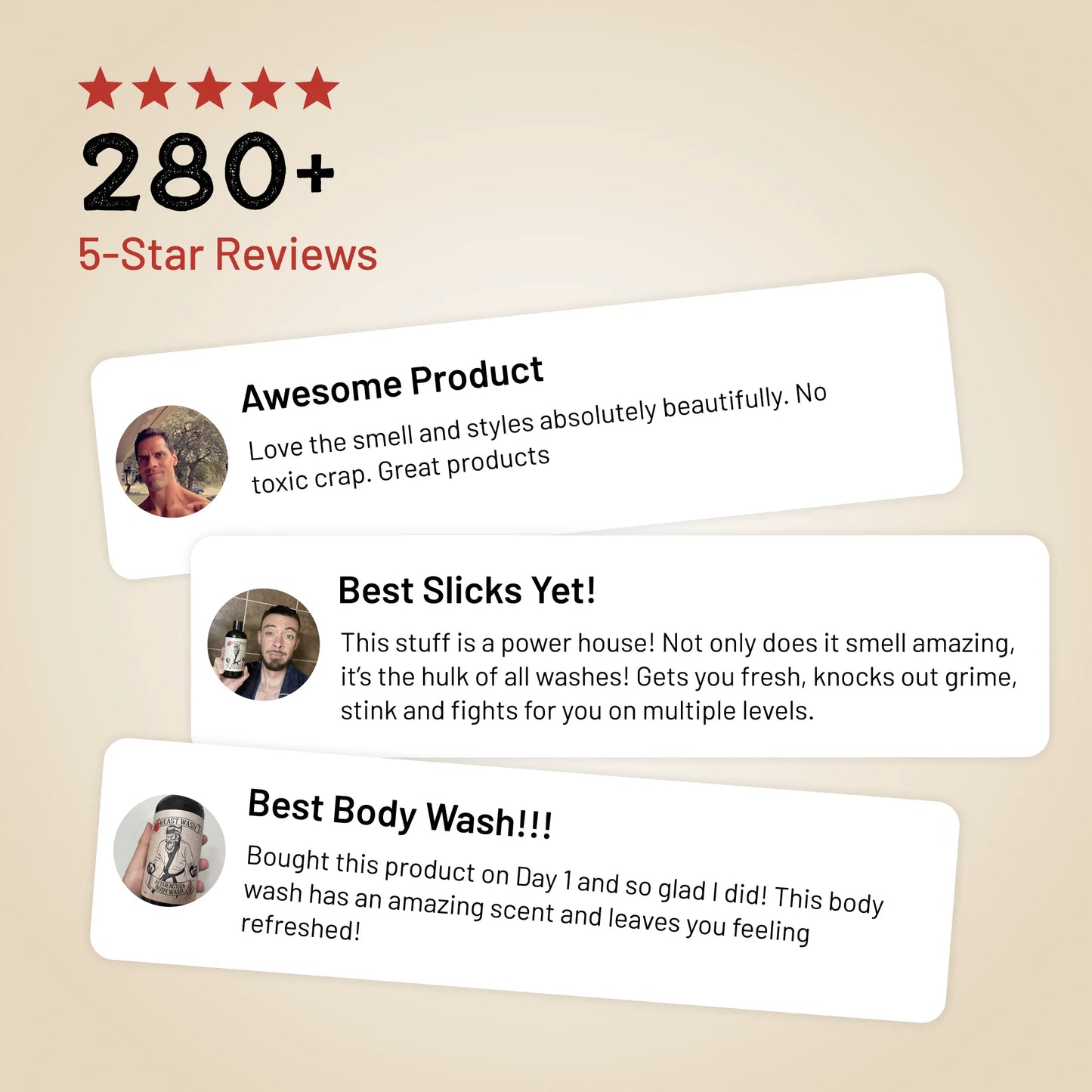 Customer review cards showing 280+ five-star reviews for the body wash