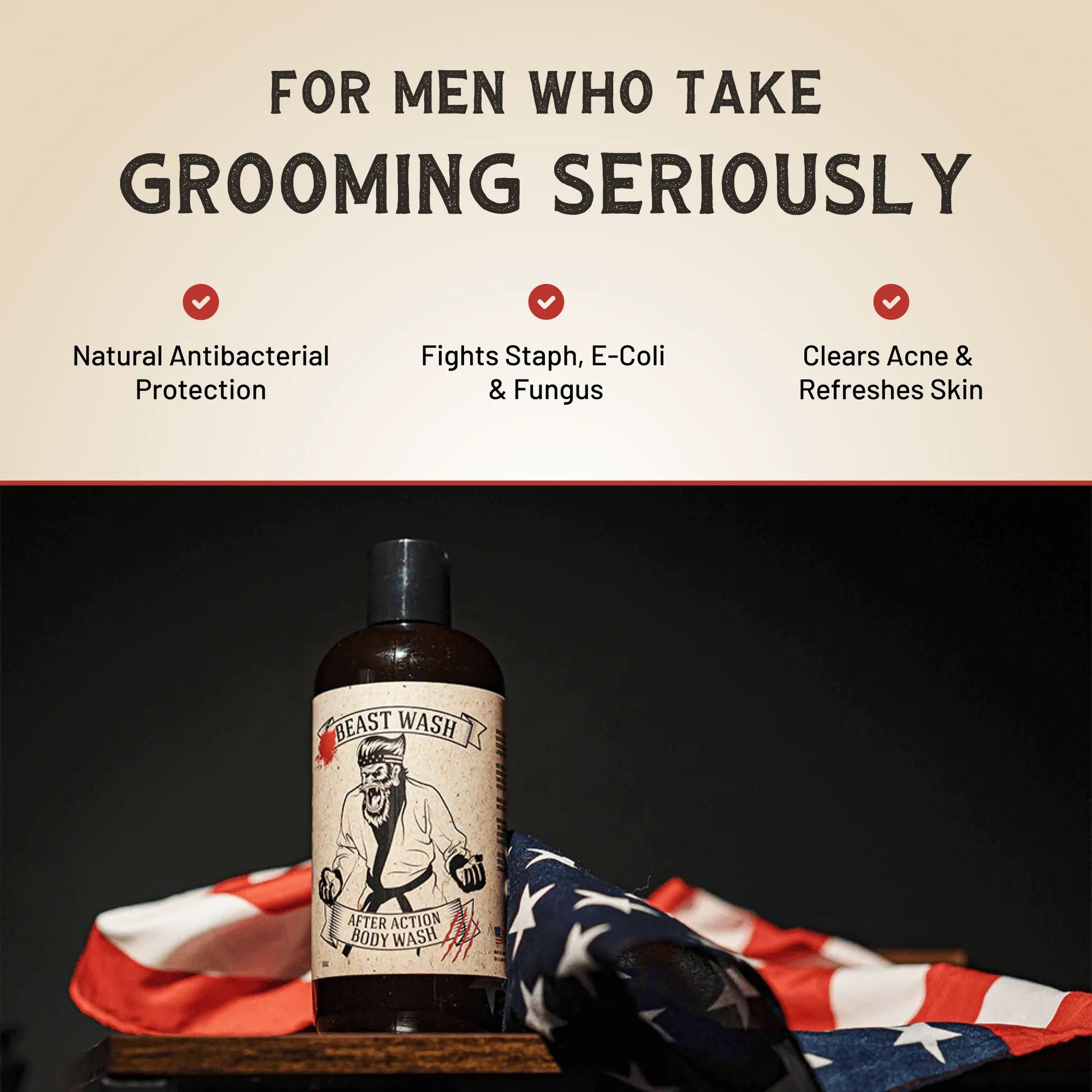 Body wash bottle with Beast Wash label and benefits text reading 'For men who take grooming seriously'