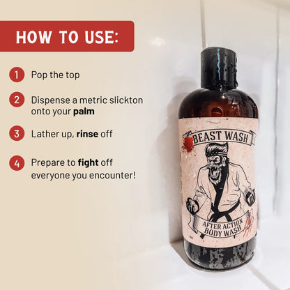 Body wash bottle with Beast Wash label and red 'How to use' step list