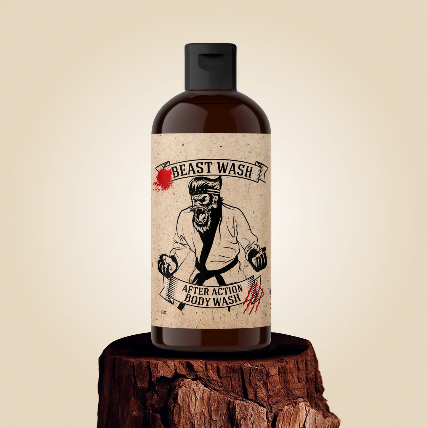 Body wash bottle with black cap and brown label featuring an illustrated warrior and BEAST WASH