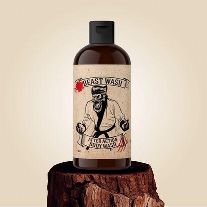 Body wash bottle with black cap and brown label featuring an illustrated warrior and BEAST WASH