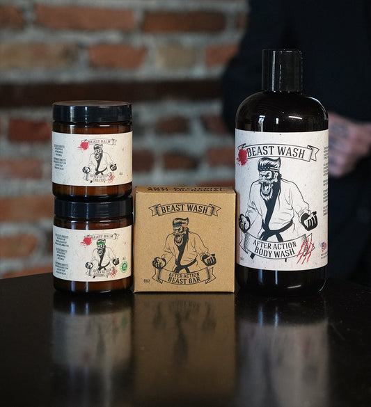 Recovery kit with body wash bottle, two balm jars, and beast bar box