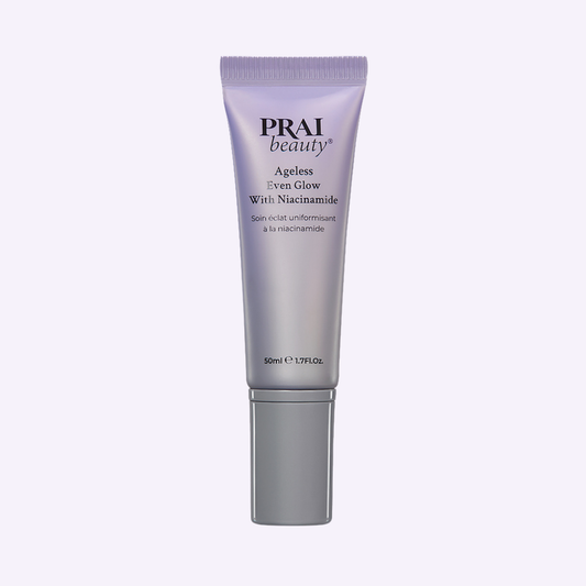 PRAI beauty Ageless Even Glow serum tube with niacinamide, purple cap