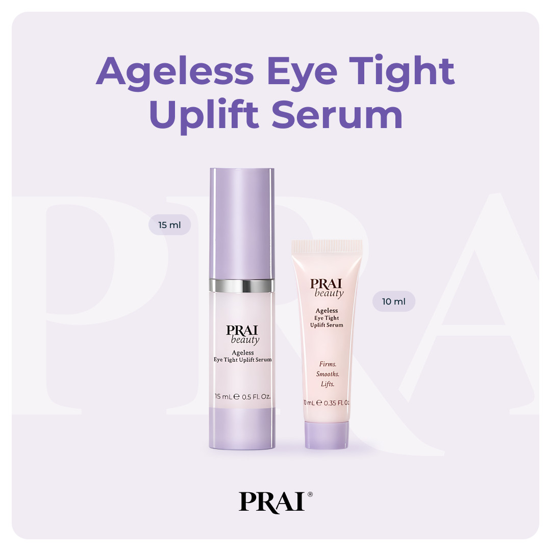 Ageless Eye Tight Uplift Serum bottle and cream tube, both with purple accents