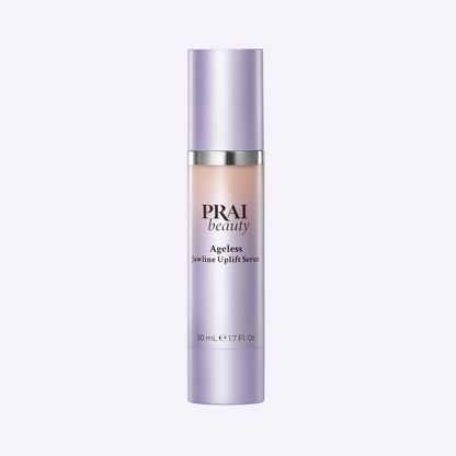 Ageless jawline serum bottle with lavender cap and beige label