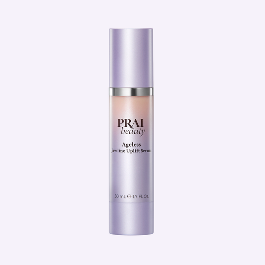 Ageless jawline serum bottle with lavender cap and beige label