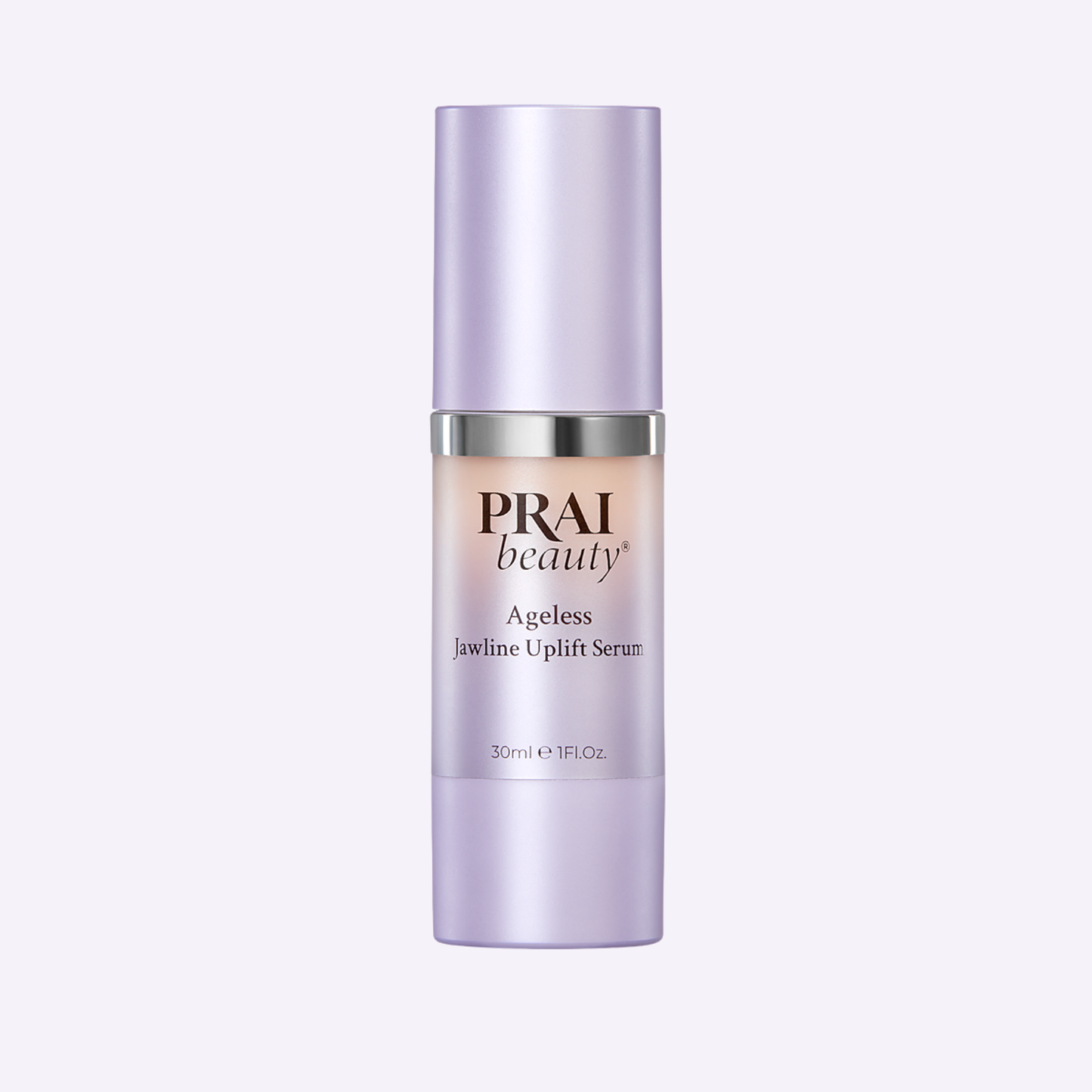 Ageless jawline serum bottle with lavender cap, chrome ring, beige label