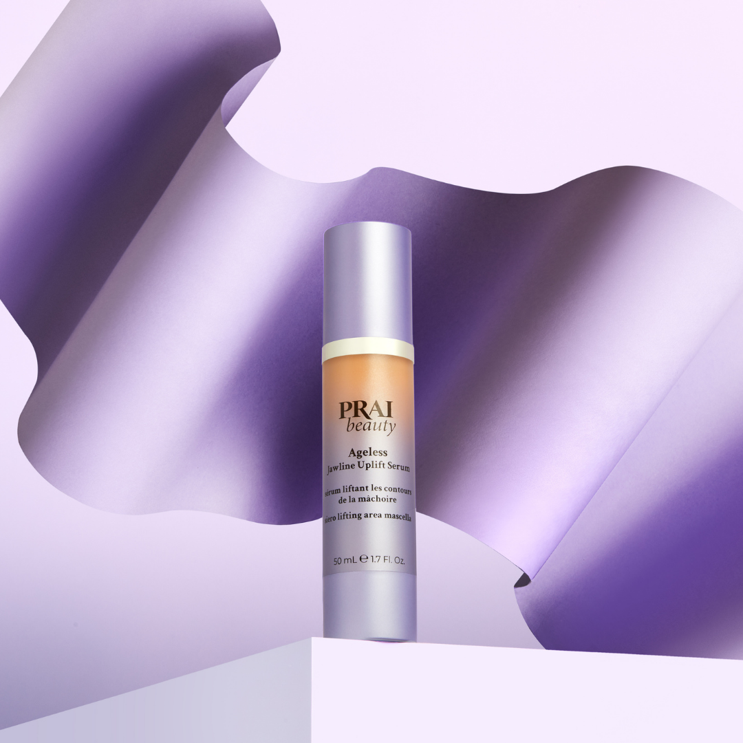 Ageless jawline serum bottle with lavender cap and beige label, 50 mL