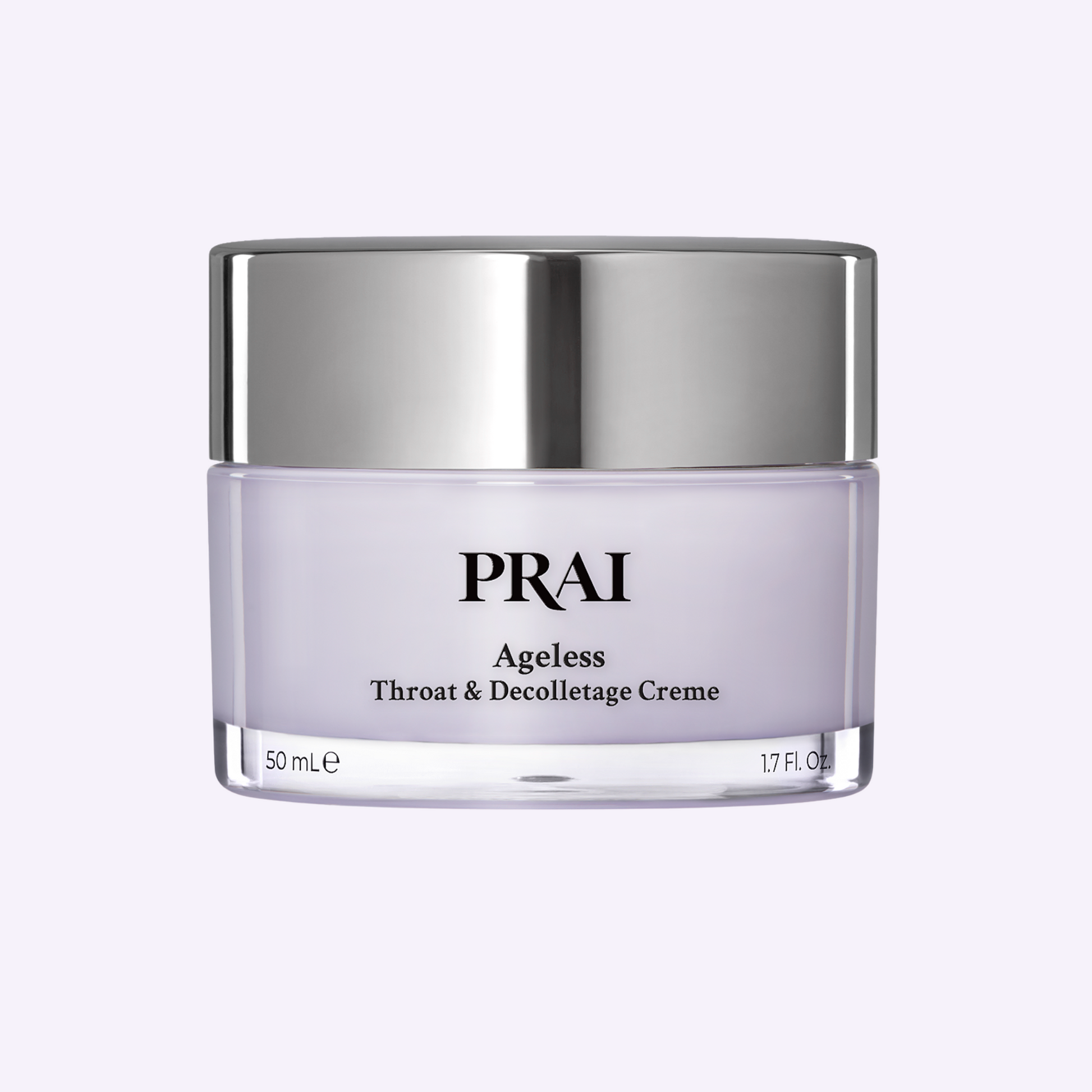 PRai Ageless throat & décolletage crème jar with silver lid and clear pink body
