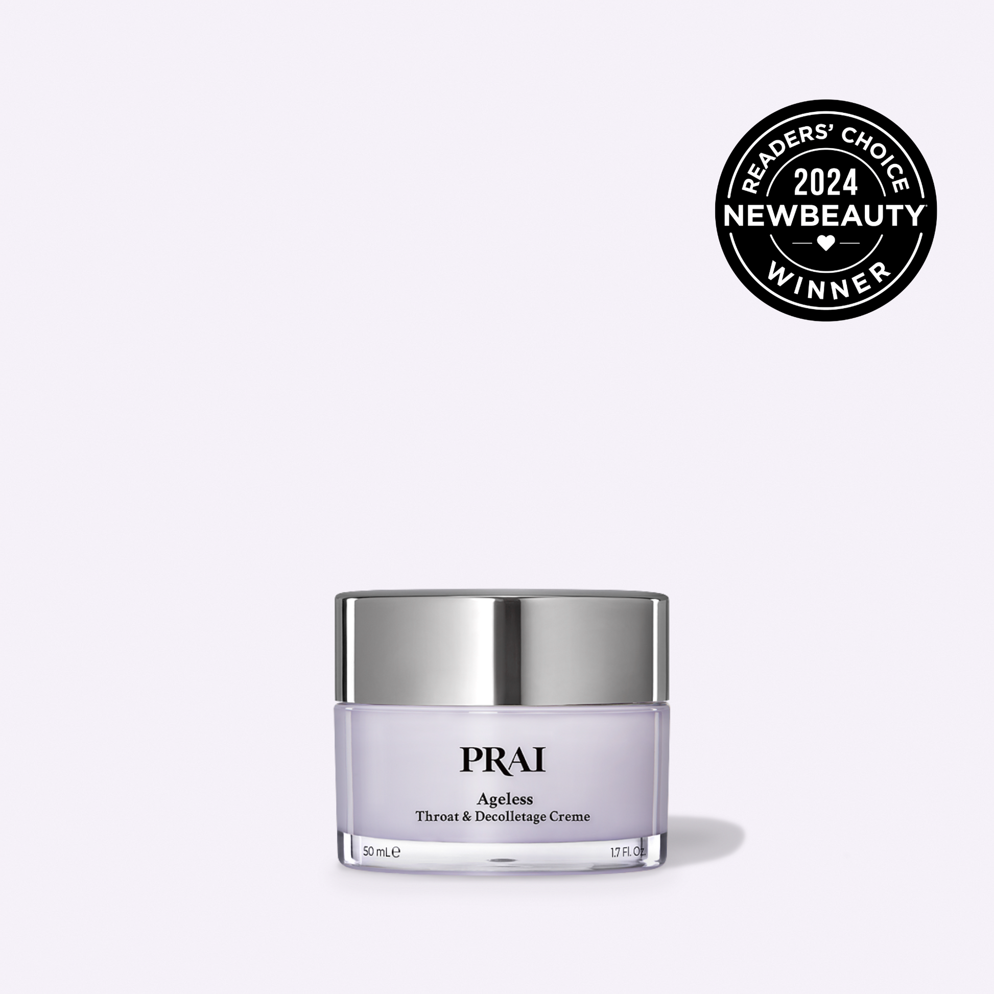 PRai neck crème jar with silver lid and 2024 NewBeauty winner badge