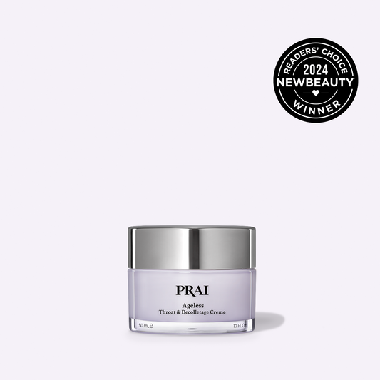 PRai neck crème jar with silver lid and 2024 NewBeauty winner badge