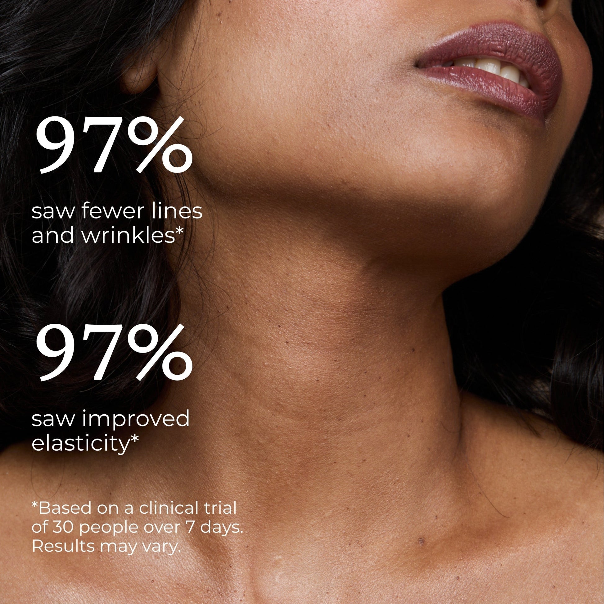 Woman’s neck and jawline with overlay text: 97% fewer lines and wrinkles