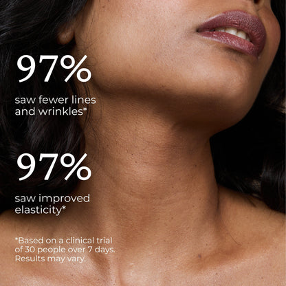 Woman’s neck and jawline with overlay text: 97% fewer lines and wrinkles