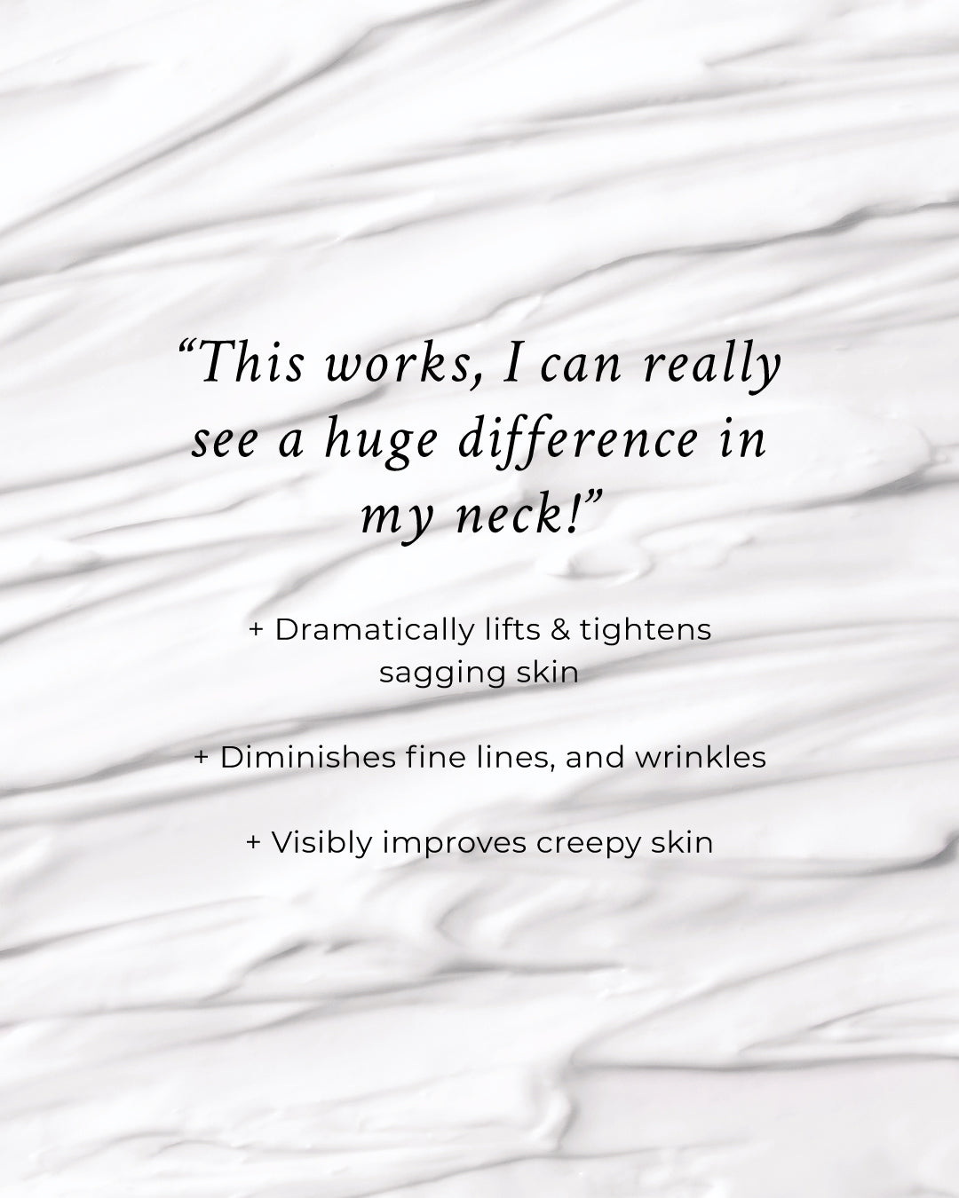 White cream swirls with testimonial text and benefit bullet points
