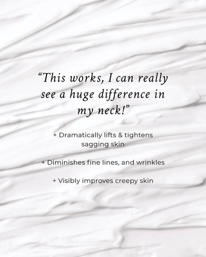 White cream swirls with testimonial text and benefit bullet points