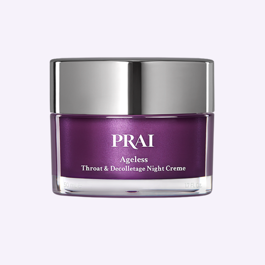 Ageless throat & décolletage night creme jar with silver lid, purple container