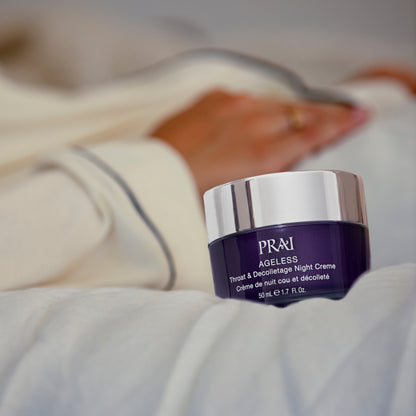 Ageless throat & décolletage night creme jar with silver lid, purple container