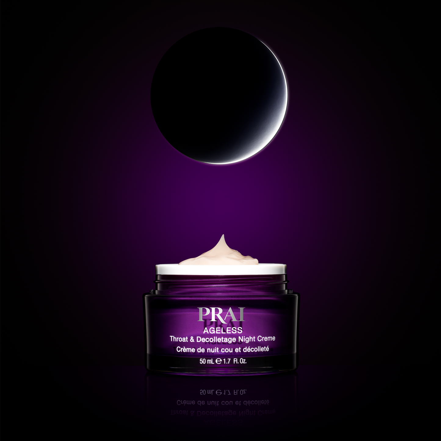 Ageless throat & décolletage night creme jar with silver rim, purple glass