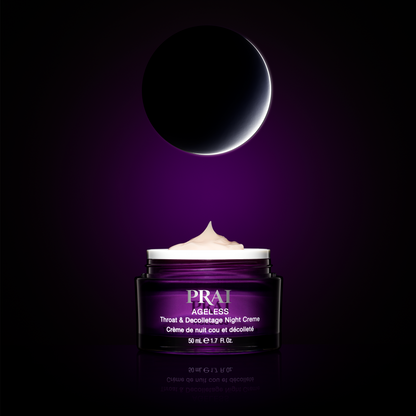 Ageless throat & décolletage night creme jar with silver rim, purple glass