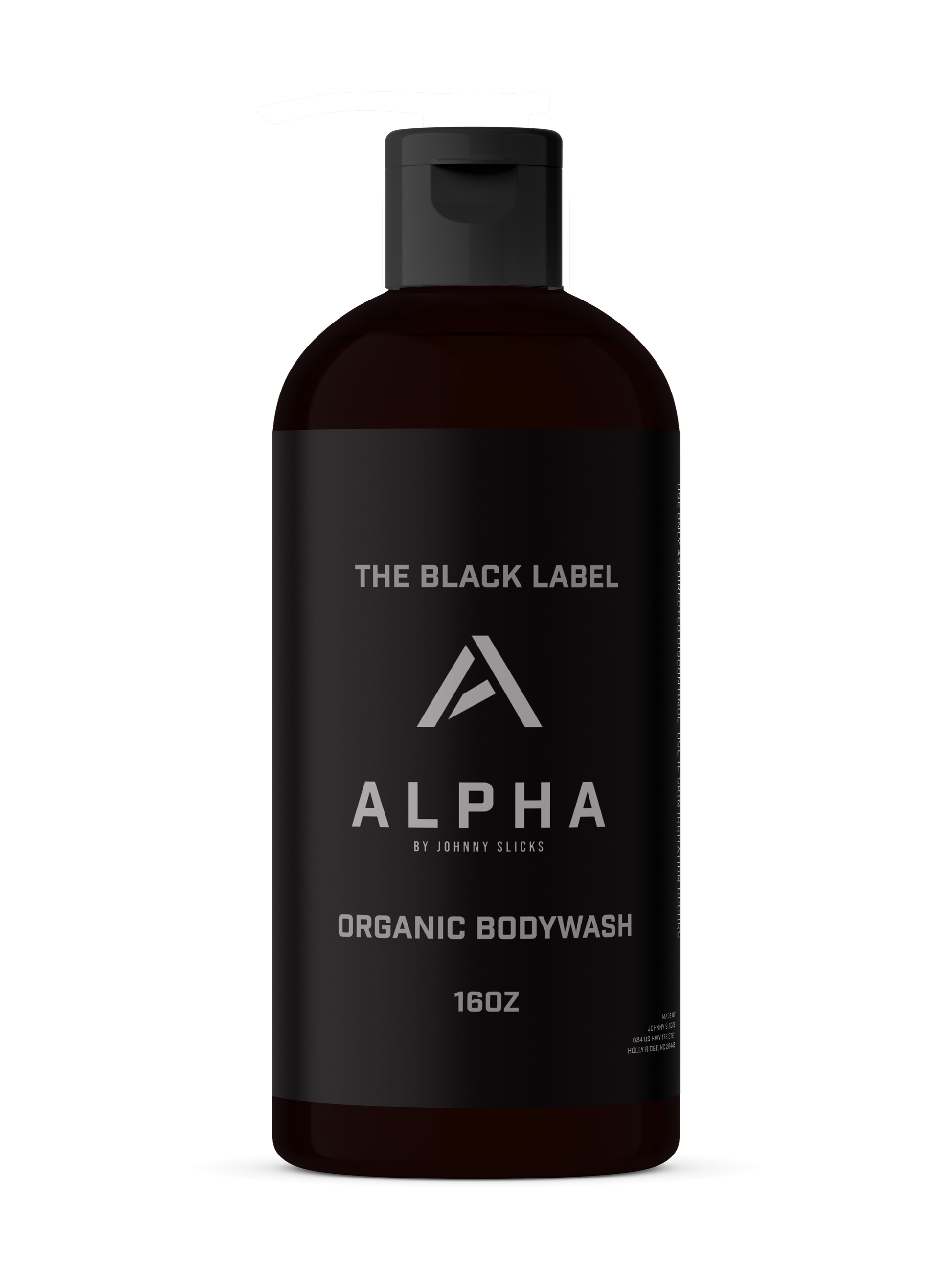 Alpha body wash bottle with black label and pump, dark charcoal-colored liquid