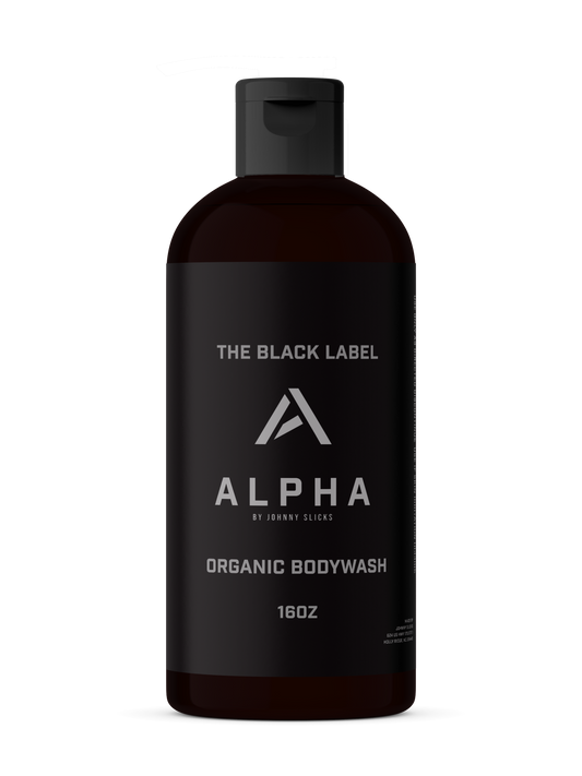 Alpha body wash bottle with black label and pump, dark charcoal-colored liquid