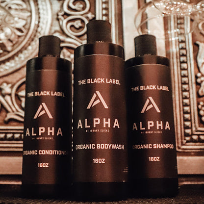 Hair conditioner bottle trio, The Black Label Alpha by Johnny Slicks, black caps