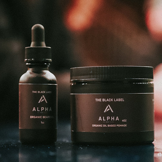Oil-based hair pomade jar and dropper bottle, The Black Label Alpha by Johnny Slicks