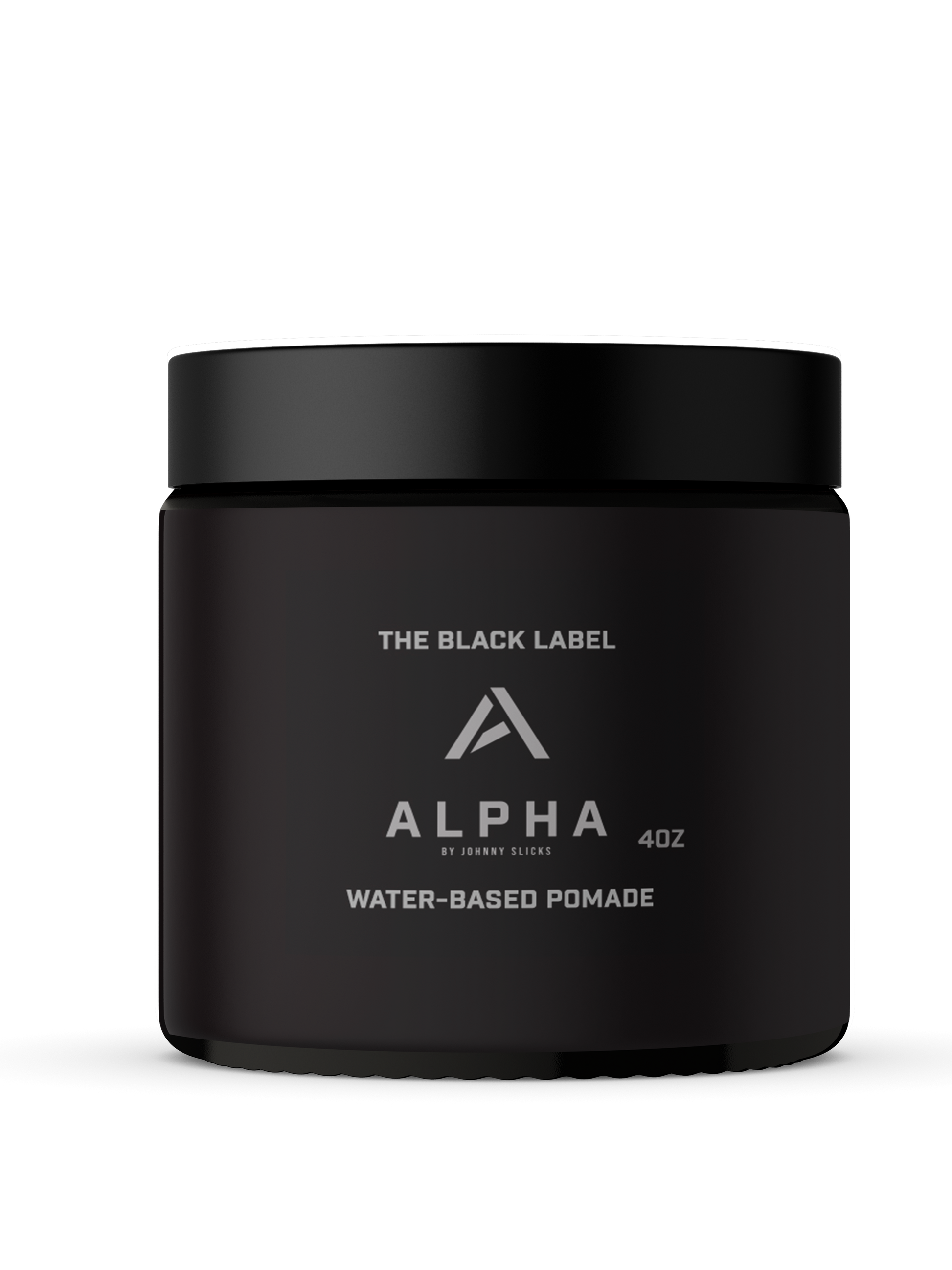 Water-based pomade jar, black lid and Alpha label by Johnny Slicks, 4 oz
