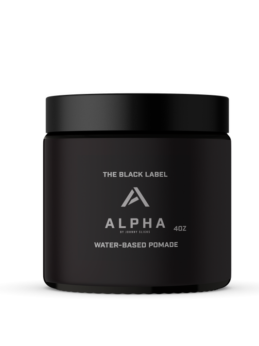 Water-based pomade jar, black lid and Alpha label by Johnny Slicks, 4 oz