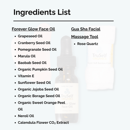 Anti-aging facial massage kit ingredients list for Forever Glow Face Oil and Gua Sha tool