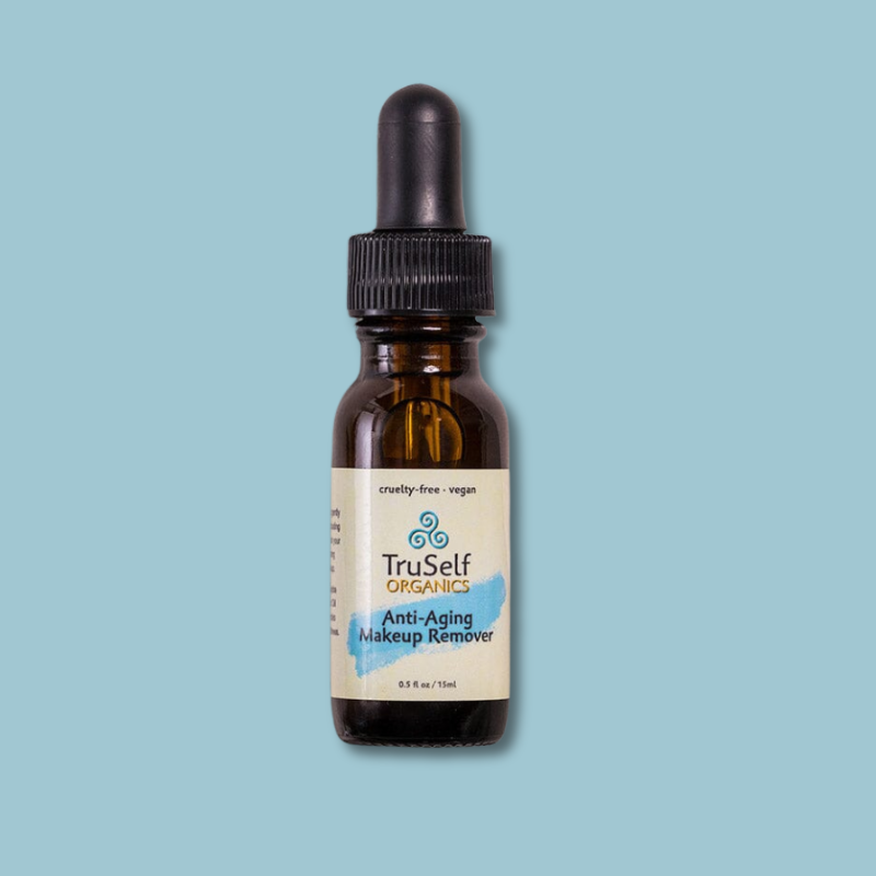 TruSelf Organics anti-aging makeup remover oil bottle with dark ribbed dropper
