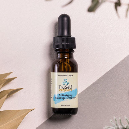 TruSelf Organics anti-aging makeup remover oil bottle with dark dropper cap