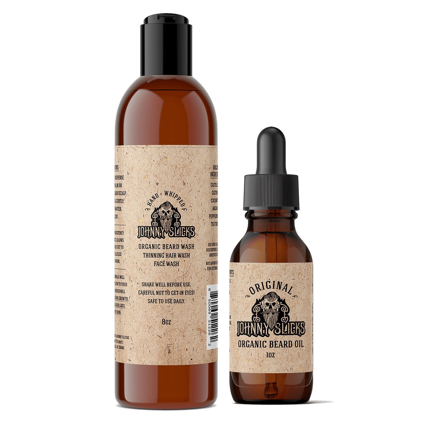 Organic beard wash and beard oil bottles, amber glass with pump and dropper