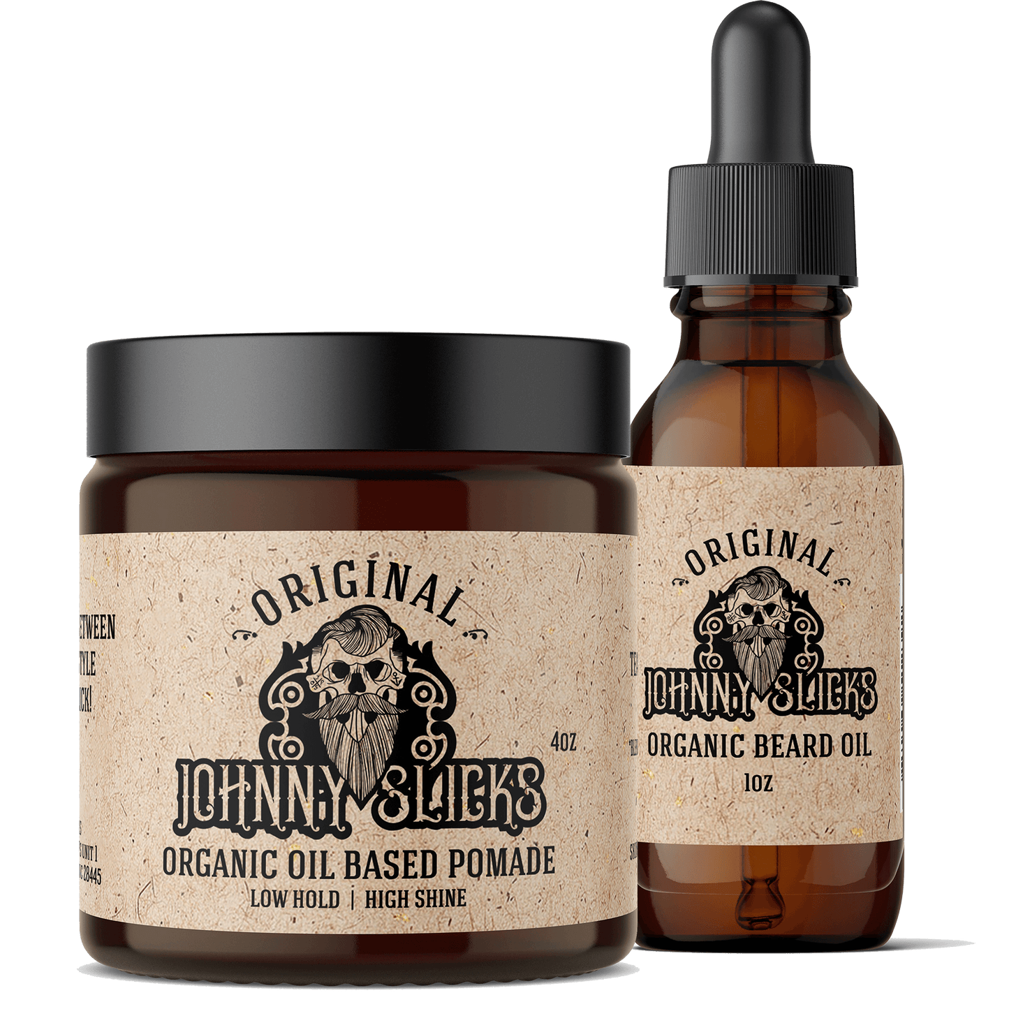 Beard oil bottle and oil-based pomade jar set, amber bottle with black dropper cap