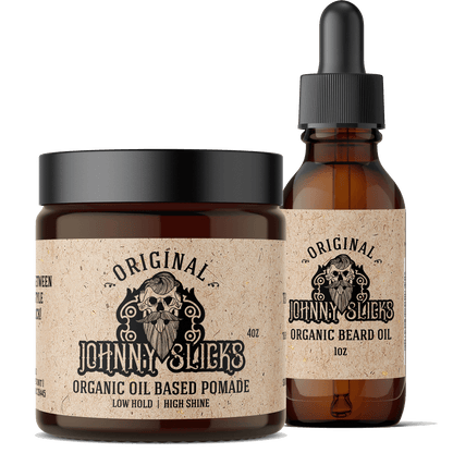 Beard oil bottle and oil-based pomade jar set, amber bottle with black dropper cap
