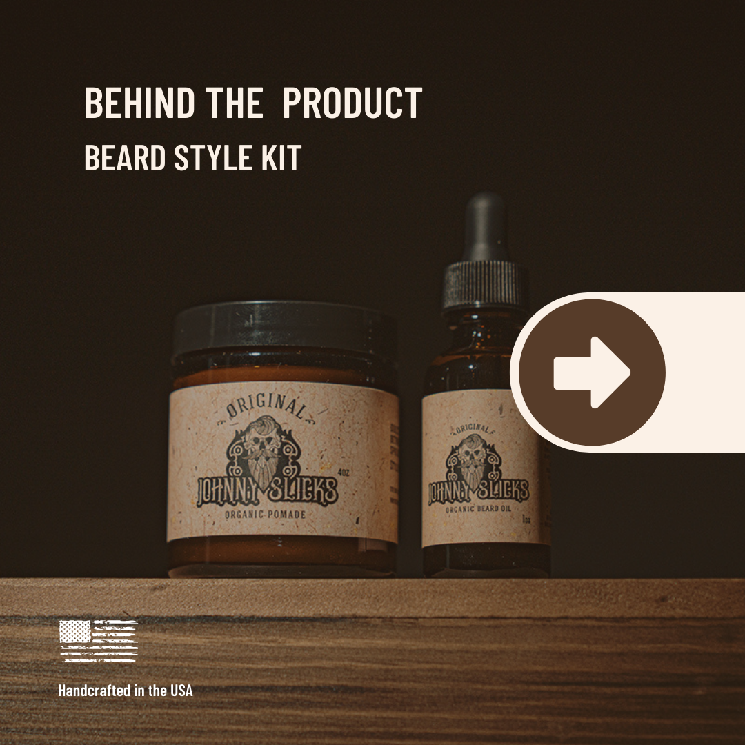 Beard style kit containers, pomade jar and beard oil bottle with black caps on display