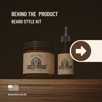 Beard style kit containers, pomade jar and beard oil bottle with black caps on display