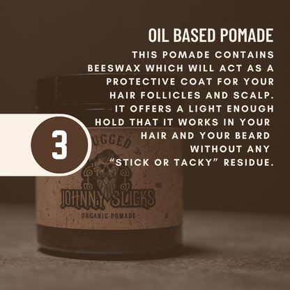 Oil-based pomade jar with tan kraft label and black lid on a countertop