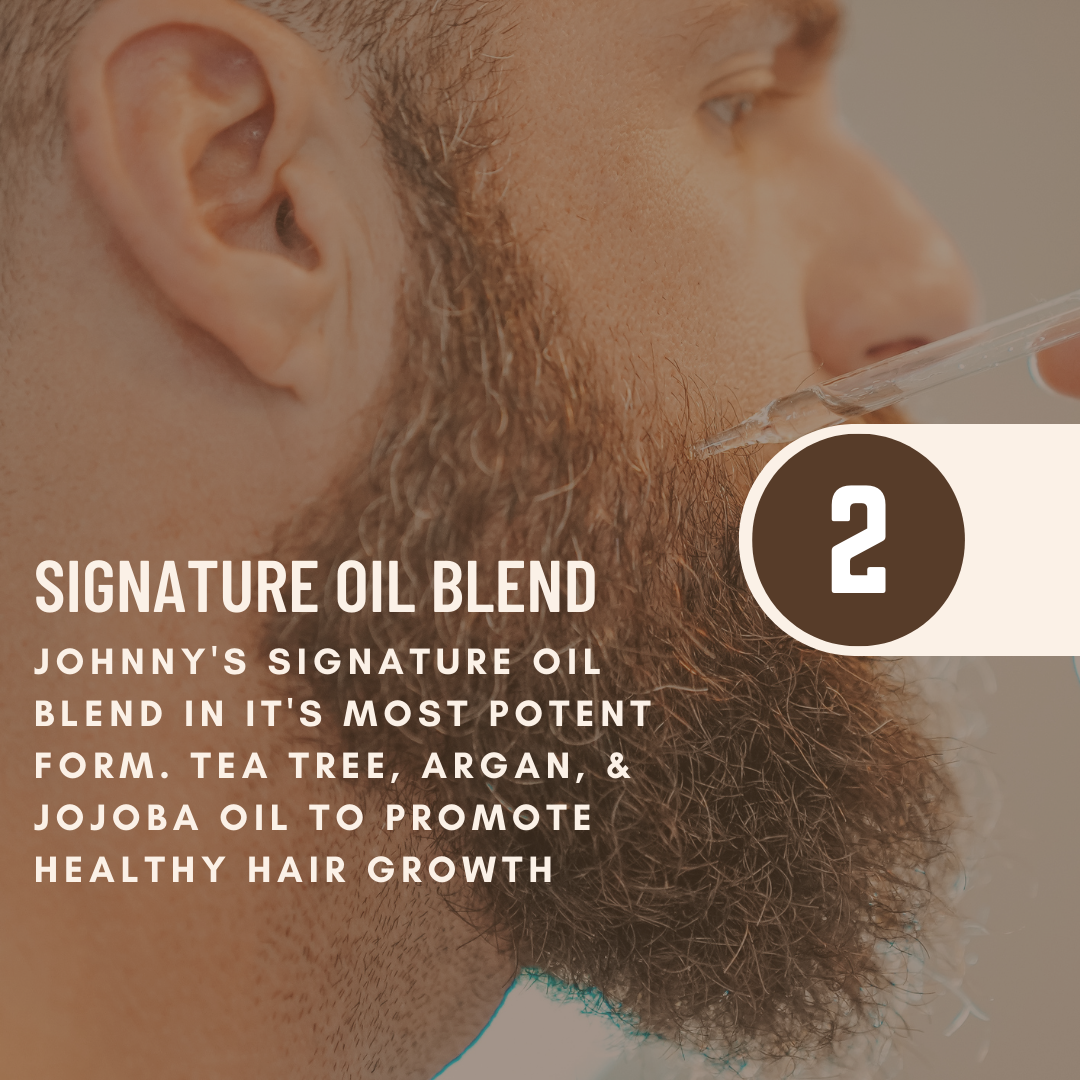 Beard oil dropper applying oil to a man’s trimmed beard and skin