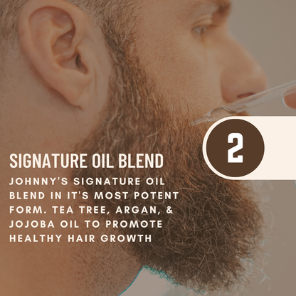 Beard oil dropper applying oil to a man’s trimmed beard and skin