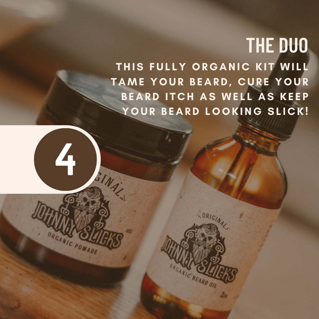 Pomade jar and amber beard oil bottle duo, tan labels with black caps