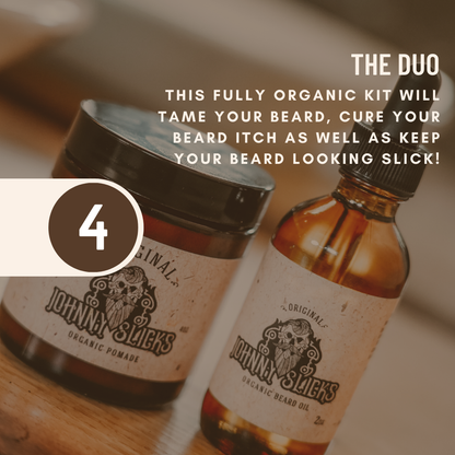 Pomade jar and amber beard oil bottle duo, tan labels with black caps
