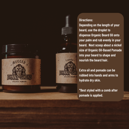 Beard style kit bottles and pomade jars, rugged-labeled containers with black caps