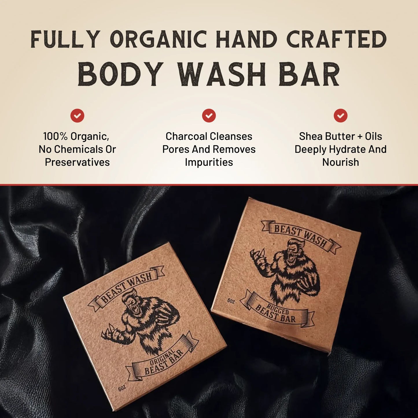 Two natural bar soap boxes on dark fabric with organic feature icons and checkmarks