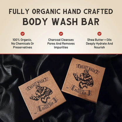 Two natural bar soap boxes on dark fabric with organic feature icons and checkmarks