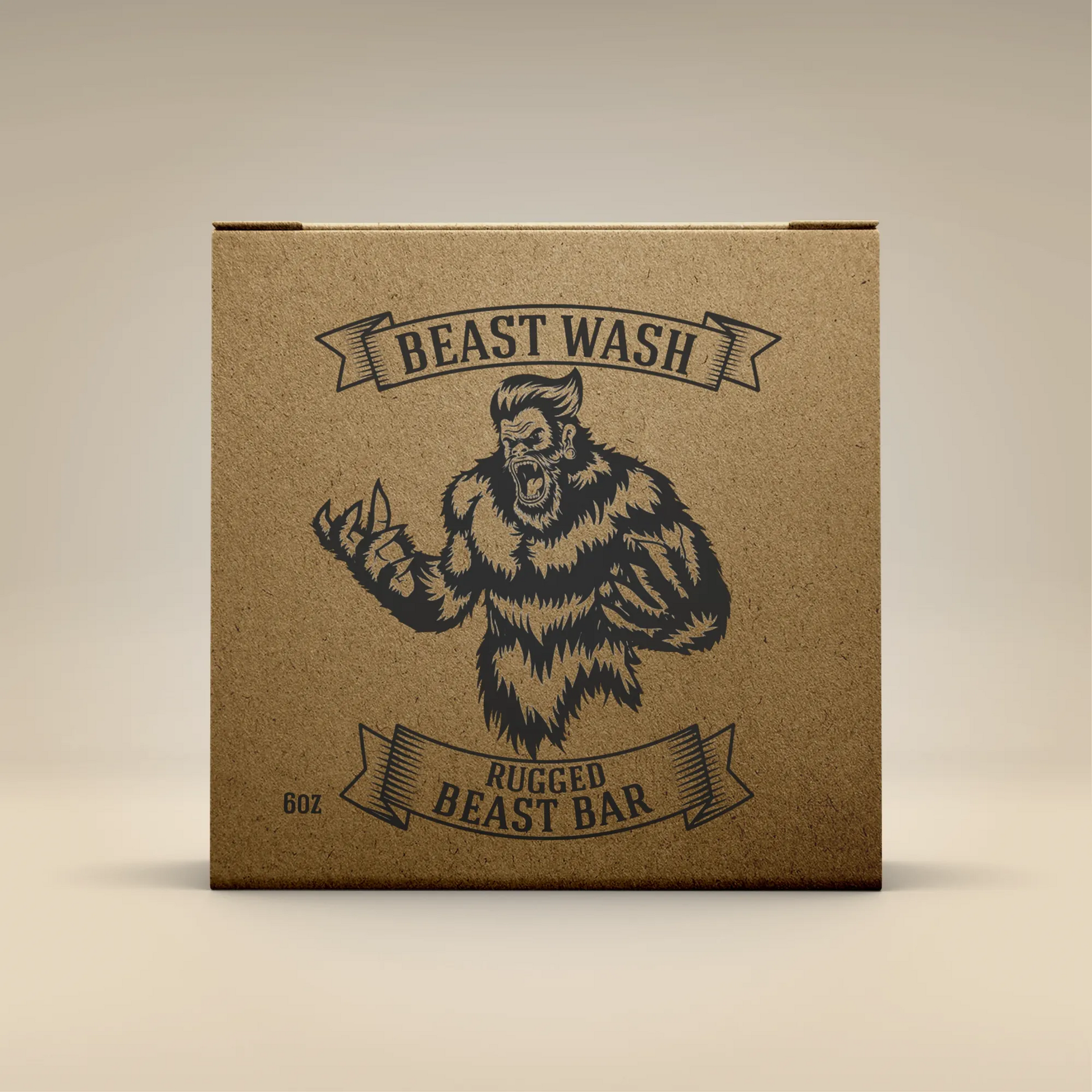 Natural bar soap in kraft box with roaring beast logo and “Rugged” label