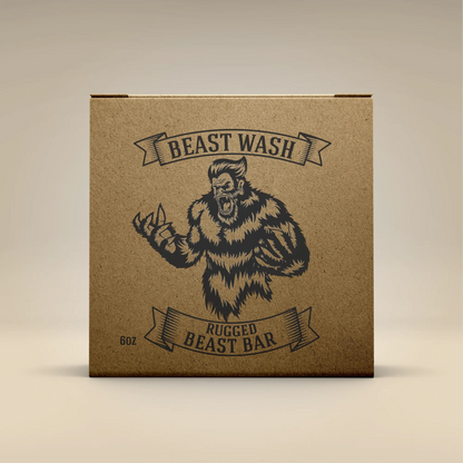 Natural bar soap in kraft box with roaring beast logo and “Rugged” label
